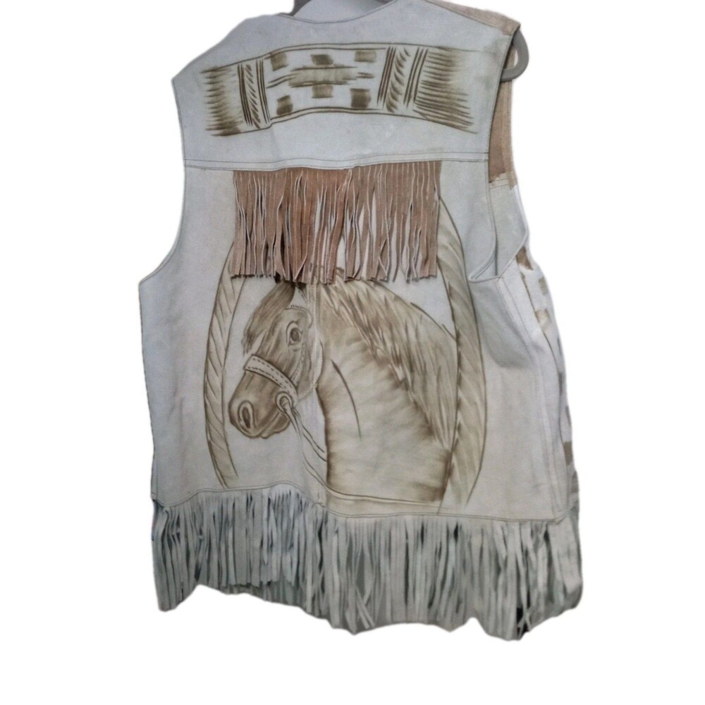 Men's Leather Suede Western Vest Fringed Tan And Beige Horse Image Read